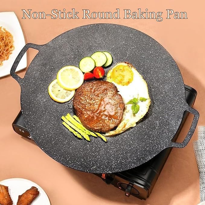 Non-stick Round Baking Pan, Korean Grill Pan for Indoor Cooking, Multifunctional Frying and Baking Pan with Tool for Home Kitchen BBQ (34cm/13.4in)
