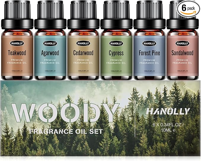 Woody Essential Oils Set, Woody Scents Fragrance Oil Aromatherapy Essential Oils Kit for Diffuser (6x10ML) - Sandalwood, Cedarwood, Teakwood, Agarwood, Cypress, Forest Pine Aromatherapy Oils