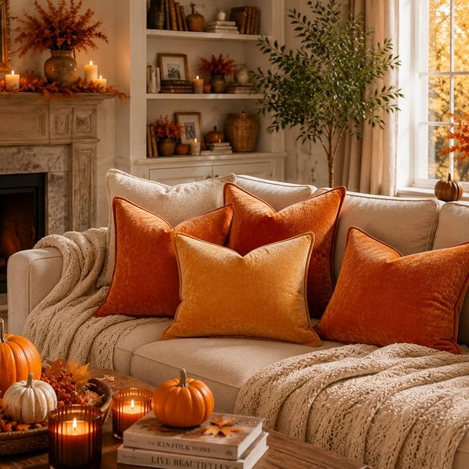 decorUhome Chenille Rust Velvet Throw Pillow Covers 26x26 Set of 2 | Fall Soft Euro Sham Couch Decorative Modern Farmhouse Pillow Cases with Elegant Design for Sofa Bed Living Room Home Decor