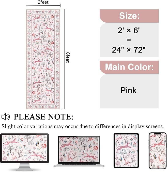 DUKINO 2x10 Kitchen Runner Rug, Soft Non Slip Animal Washable Rug, Pink | Low Pile, Non-Shedding Indoor Carpet Runner for Hallway, Entryway, Bedroom, Bathroom, Laundry, Pet Friendly, Stain Resistant