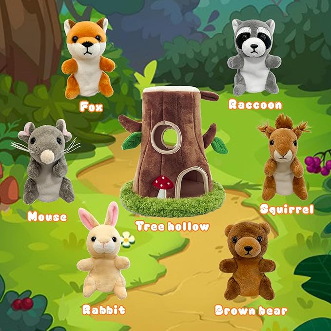 6 Pcs Jungle Animals Finger Puppet with Tree Houses,Realistic Soft Plush Puppets for Kids, Novelty Animals Toys Role-Playing Story Finger Puppets Gifts for Boys and Girls