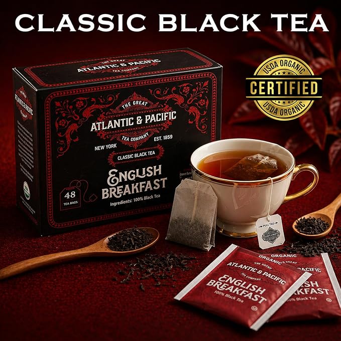 A&P Organic English Breakfast Tea Bags, 48 Count, Full Bodied Rich Black Tea, Bold Flavor, Smooth Finish, Premium Black Tea, Hot or Iced Tea, Morning and Evening Tea, Fresh Aroma, Classic Blend