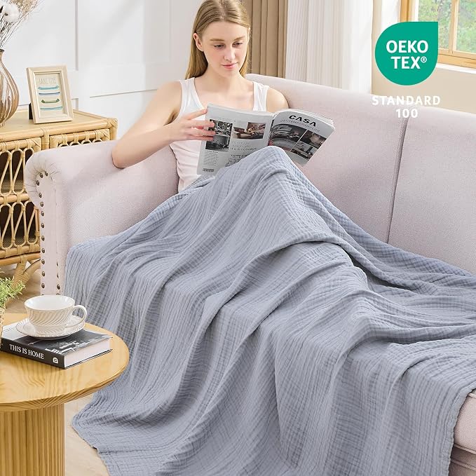 EMME Muslin Blankets for Adults Throw Blanket for Couch Breathable Gauze Soft Lightweight Airy Dusty Blue Queen 90" x 90"