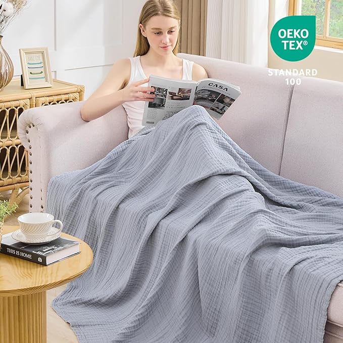 EMME Muslin Blankets for Adults Throw Blanket for Couch Breathable Gauze Soft Lightweight Airy Dusty Blue Throw 50" x 60"