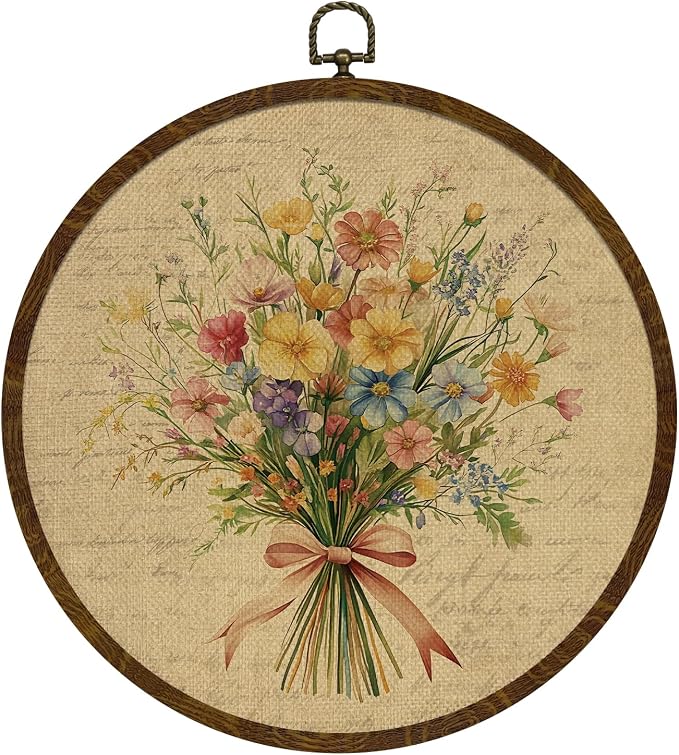 Vintage Floral Round Wall Art Decor,Retro Flower Wall Art Decoration, Watercolor Wildflower Botanical Canvas Print with Frame,Farmhouse Decor for Bedroom Living Room Gallery Space 10"x10"(Letter Flowers-02)