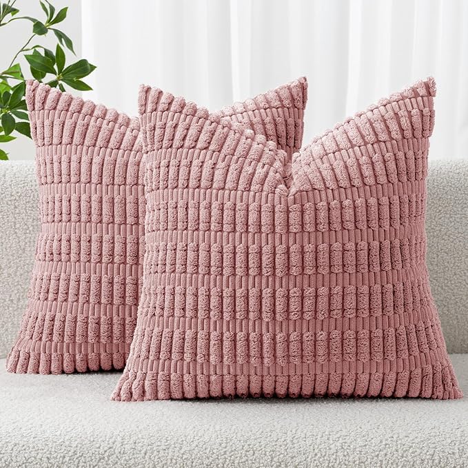 MIULEE Corduroy Decorative Throw Pillow Covers 20x20 Blush Pink Pack of 2 | Soft Boho Striped Pillow Covers Modern Farmhouse Home Decor For Sofa Living Room Couch Bed