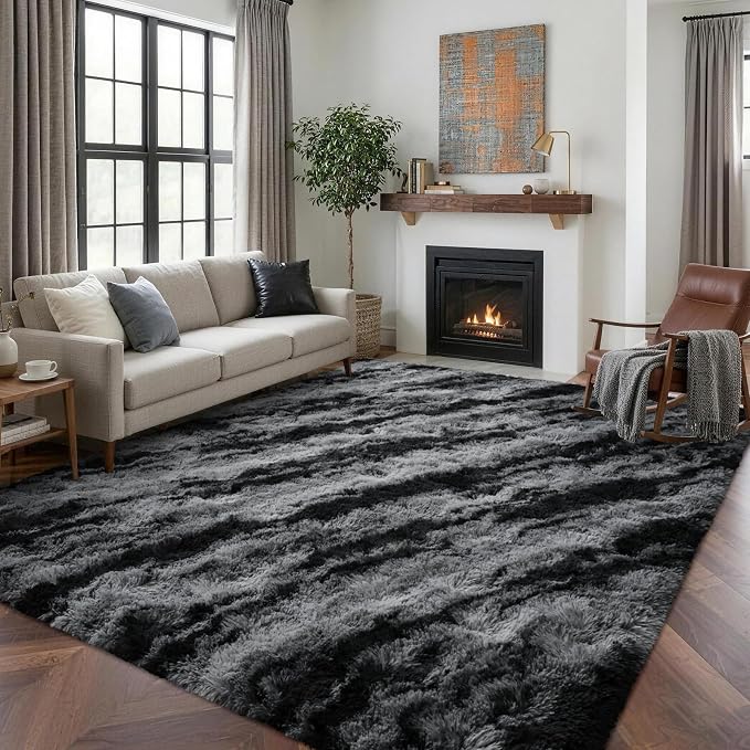 Area Rugs for Living Room 6x9 Feet, Soft Fluffy Shagg Plush Bedroom Rug Non-Slip,Large Carpet for Nursery Kids Dorm Home Decor Zebra Black