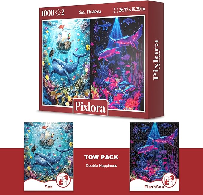 Jigsaw Puzzles 1000 Pieces for Adults- 2-Pack Ocean Animal & Whale Puzzle Set，1000 Piece Puzzle for Adults， Challenging Marine Life Art， Family Game Night Gift