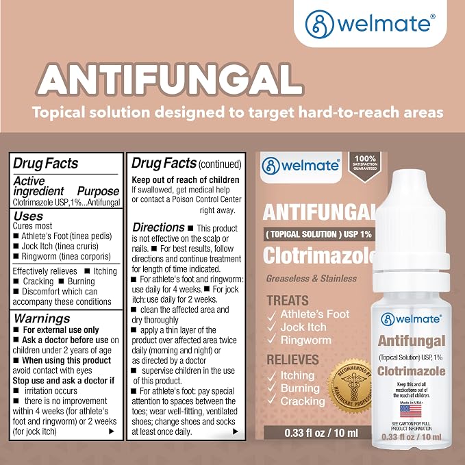 WELMATE Clotrimazole 1% Antifungal Topical Solution | 0.33 fl oz (10mL) Athlete's Foot, Jock Itch, Ringworm Treatment & Ear Drops, Greaseless Non-Staining, Fast Relief for Itchy, Burning Skin