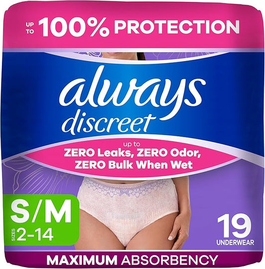Always Discreet Adult Diapers for Women, Incontinence Underwear, Postpartum Essentials, Disposable Briefs, Max Absorbency, Bladder Leak Protection, Small/Medium, 19ct