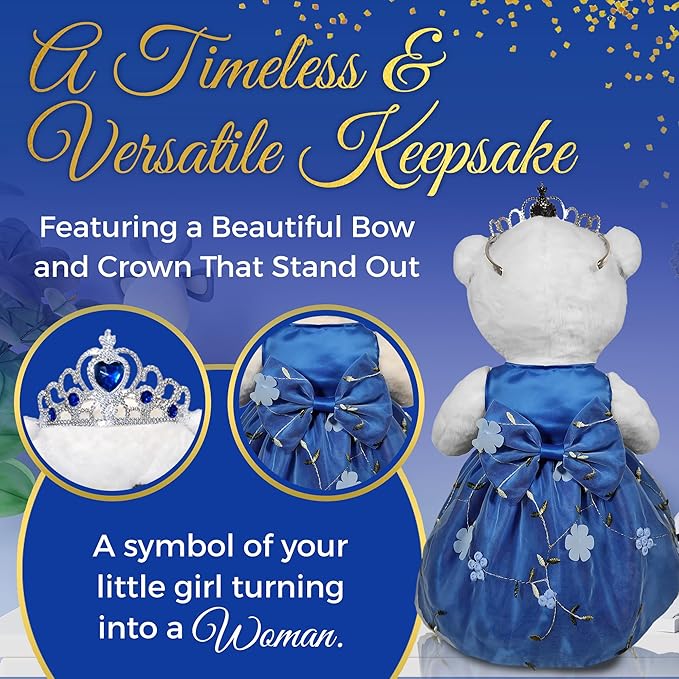 Quinceañera Teddy Bear 18-inches Tall with Dress for 15th Birthday, Quince Bear with Matching Crown, Ideal Keepsake for 15th Birthday, Mis XV Años - Dark Blue