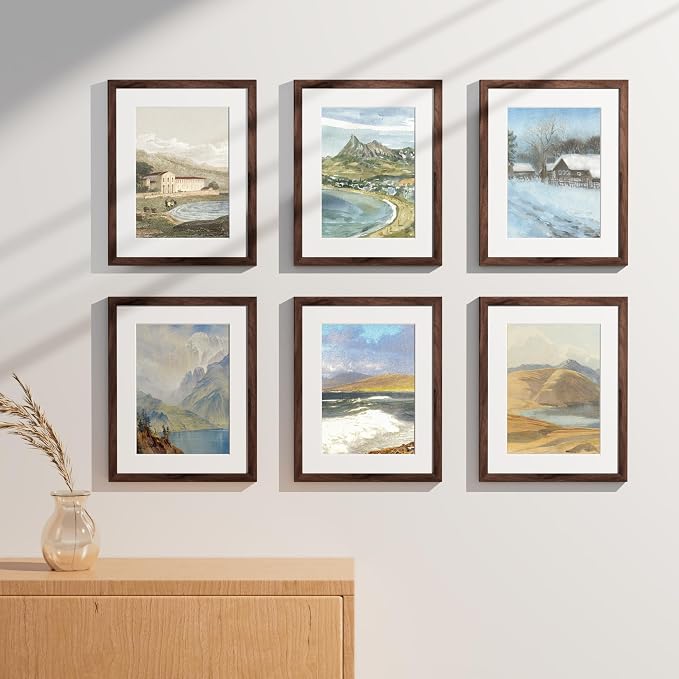 Vittanly 11x14 Picture Frames Set of 9 for Wall Mounting, Walnut | Display Pictures 8x10 with Mat or 11x14 without Mat, Engineered Wood with Shatter Resistant Plexiglass, Gallery Photo Frames