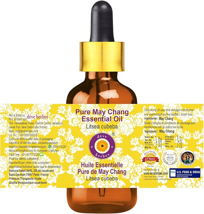 Deve Herbes Pure May Chang Essential Oil (Litsea cubeba) with Glass Dropper Steam Distilled 15ml (0.50 oz)