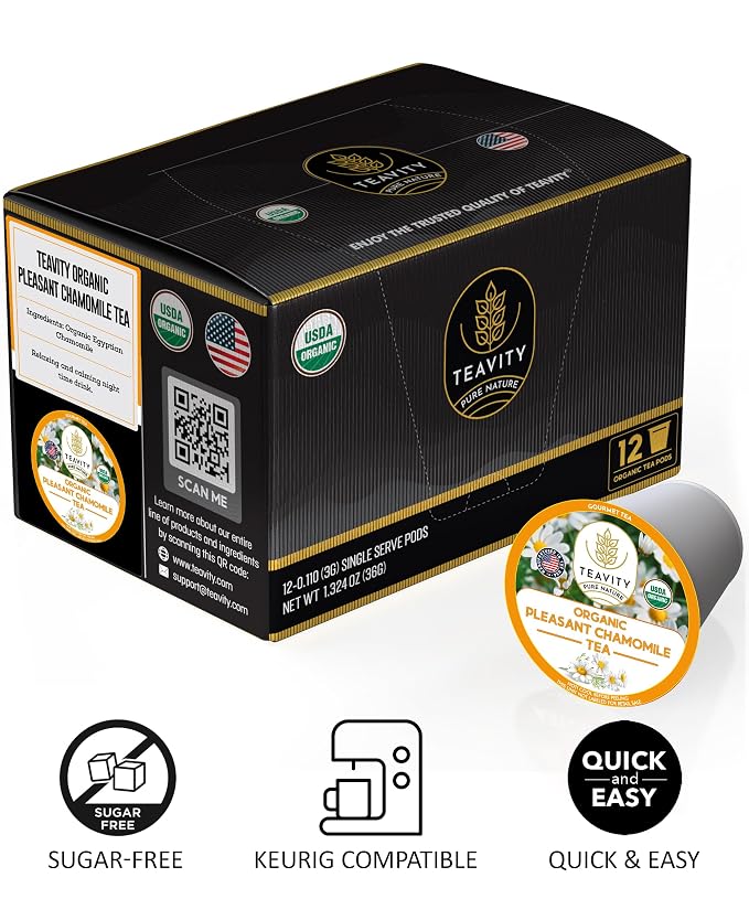 Organic Chamomile Tea Pods for Keurig - Decaf Tea Pods - Pleasant Chamomile by Teavity (24 Tea Pods)