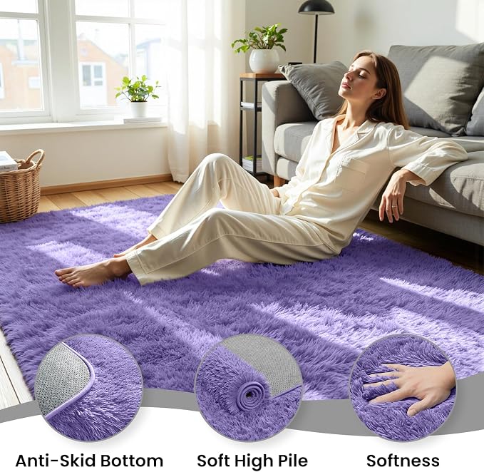 6x9 Area Rug for Living Room, Ultra Soft Fluffy Purple Rugs for Bedroom, Non Slip Large Shag Carpet, Fuzzy Plush Nursery Rug, Thick Washable Indoor Floor Carpets for Kids Office Dorm Home Decor