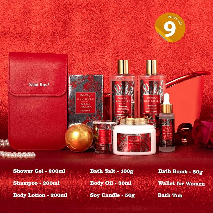Gifts for Women Birthday Gift Basket Spa Gift Basket Spa Gift Set For Women | Red Rose Bath and Body for Her in Floral Scents Bath Kits, Home Spa Gift Basket, Bath Spa Kit for Mothers day Birthday Gifts