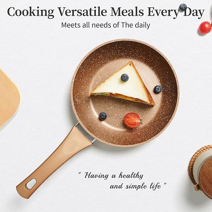 Innerwell 8-Inch Nonstick Frying Pan Small Egg Pan Skillet | Even Heating All Stove Compatible, PFOA PFOS Free, Granite Stone Cookware Skillet, Healthy and Non Toxic, Gold