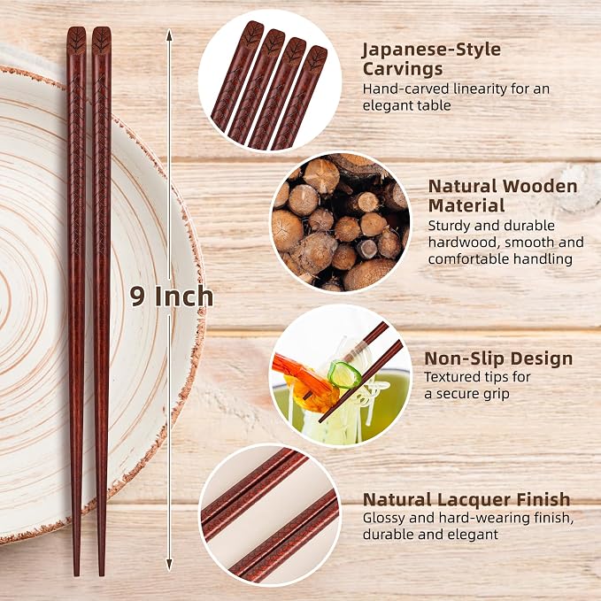 Antner 5 Pairs Hardwood Chopsticks Japanese Style Reusable Hand-Carved Chopsticks Natural Wood Chop Sticks with Gift Box, Dishwasher Safe