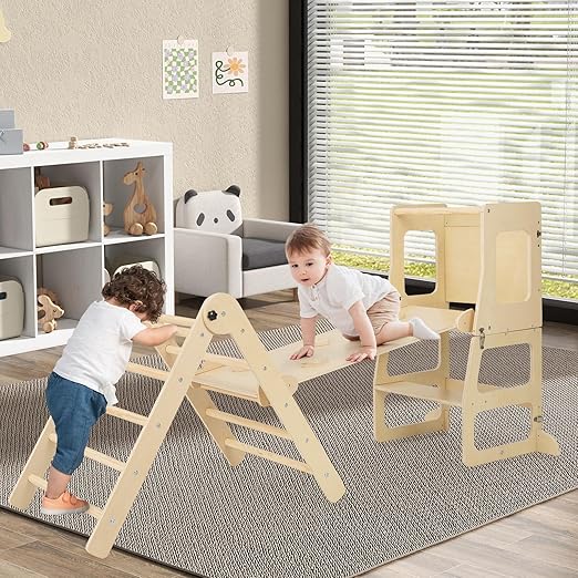 Olakids Pikler Triangle Set 8 in 1 Toddler Climbing Toys Indoor Playground Foldable Wood Baby Montessori Jungle Gym with Toddler Tower Ramp Slide Arch Rocker Angle Adjustable Ladder