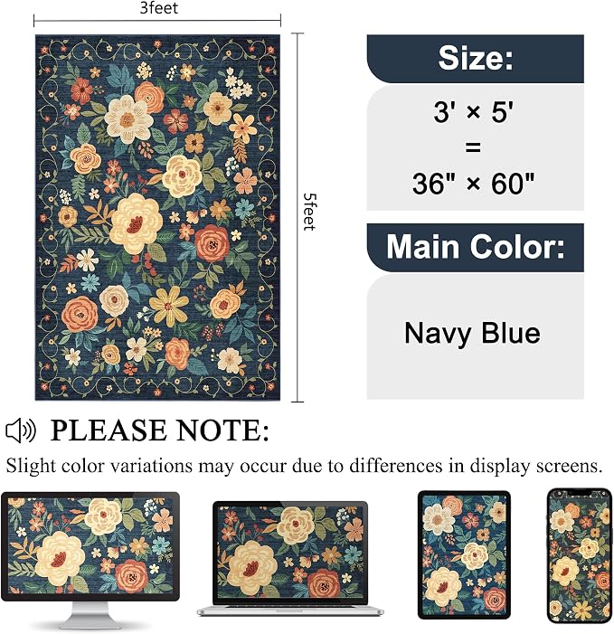 DUKINO 3x5 Area Rug, Floral Washable Rug for Bedroom Non Slip, Navy Blue | Soft, Stain Resistant Low Pile Indoor Rug for Entryway, Bedroom, Bathroom, Living Room, Pet Friendly, Home Decor, Lightweight