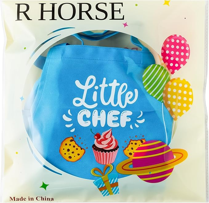 R HORSE 2 Pcs Kid Apron and Chef Hat Set, Adjustable Children Blue Kitchen Apron Cooking Baking Painting and Training Kits Dress up Role Play Chef Toy Kid Funny Cooking Gift New Year