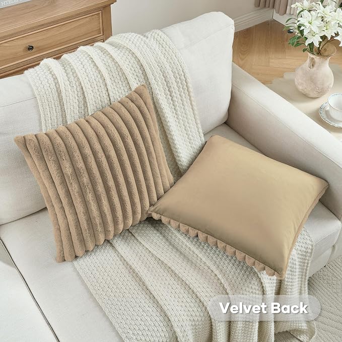 FUTEI Pack of 2 Faux Fur Throw Pillow Covers 24x24 Inch, Khaki | Fluffy Faux Rabbit Fur Front/Premium Velvet Back,Hidden Zipper,Machine Washable,Non-Shedding,Colorfast,Insert Not Included.