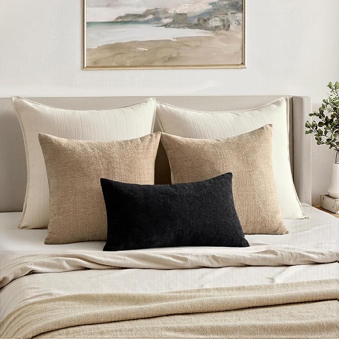 MIULEE Black Chenille Couch Lumbar Throw Pillow Covers, 12x20 | Set of 2, Soft Halloween Home Decor, Modern Farmhouse Decorative Pillowcases for Sofa Living Room Bed