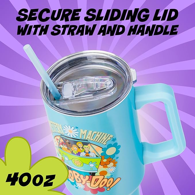 Silver Buffalo Scooby Doo Mystery Machine Featuring Shaggy, Velma, Fred and Daphne Double Walled Stainless Steel Tumbler with Handle and Straw, Fits in Standard Cup Holder, 40 Ounces