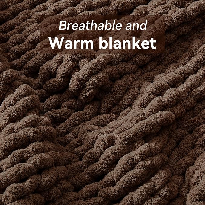 Negwoo Chunky Knit Throw Blanket, Knitted Throw Chenille Yarn, 50"*60" | Soft Thick Cable Knitted Blankets, Handmade Big Thick Blanket, Machine Washable Cute Comfy Blanket for Home Decor, Dark brown