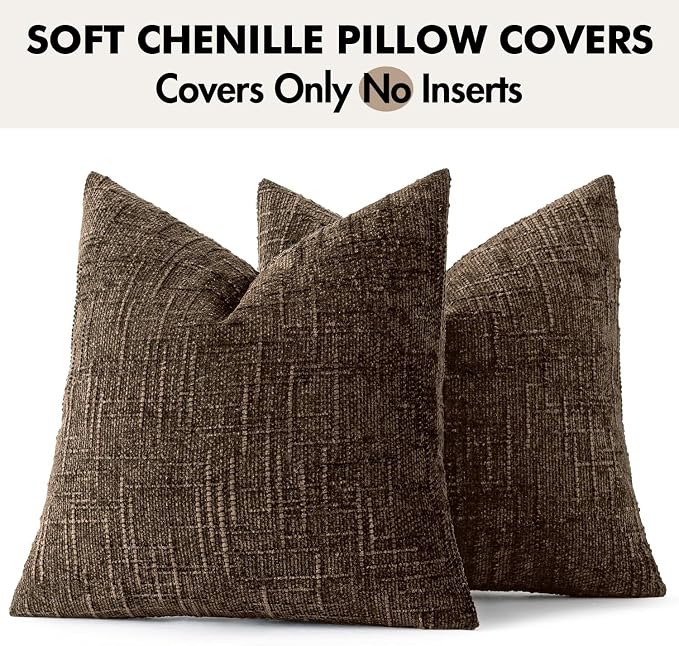 MIULEE Chenille Textured Throw Pillow Covers Reddish Brown 18x18 Set of 2 | Slubby Decorative Pillows, Boho Farmhouse Fall Home Decor, Modern Neutral Cushion Covers for Couch Sofa Bed Living Room
