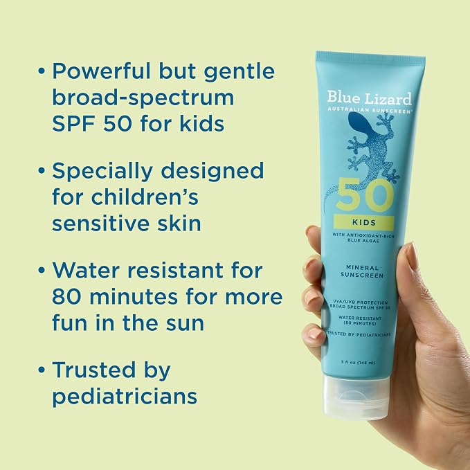 Blue Lizard Kids Mineral SPF 50 Sunscreen Lotion, 100% Mineral, Children’s Sunscreen, Water-Resistant Formula, Paraben-Free, Fragrance-Free, 5 fl oz (Pack of 2)