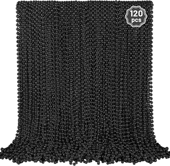 YAXINRUI 120 PCS Black Bead Necklaces, Black Mardi Gras Beads, Halloween Beads Necklaces, New Year Eve Necklace, 33 Inch Black Beaded Necklace for Mardi Gras Christmas Halloween Festive Events