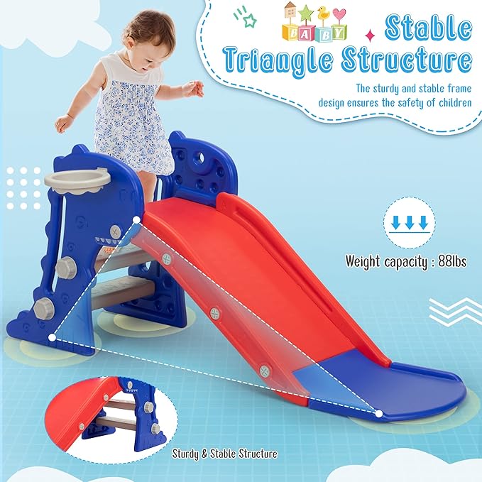 Nyeekoy 3 in 1 Toddler Slide, Kids Slide Climber Playset with Basketball Hoop, Indoor and Outdoor Playground for Kids, Folding Design Freestanding Baby Slide, Easy Assembly