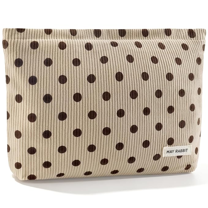 ZLFSRQ Corduroy Makeup Bag for Women Girls Cute Polka Dot Cosmetic Bag for Purse Large Capacity Trendy Zipper Makeup Pouch Toiletry Pouch Aesthetic Skincare Make Up Essentials Organizer Bags (Beige)