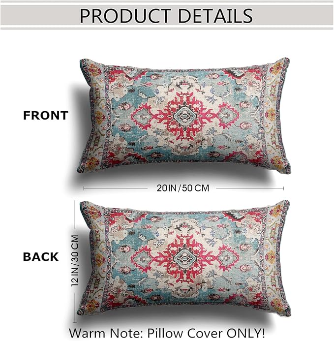 Snycler Boho Throw Pillow Covers 12x20 inch Set of 2 Boho Rug Carpet Double Sided Pattern Cotton Soft Pillow Case Cushion Cover Pillowcase for Couch Sofa Bed Decorative (Rose Red)