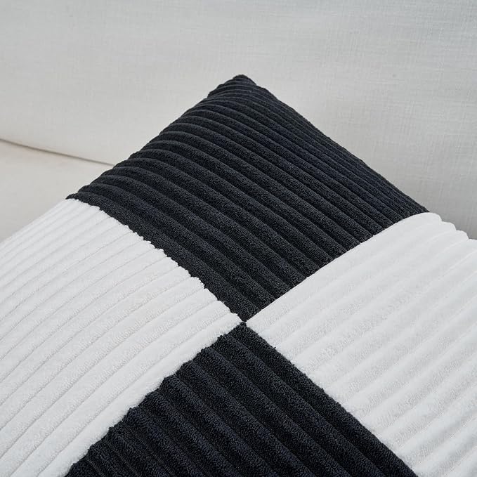 Fancy Homi Set of 2 Black White Euro Decorative Throw Pillow Covers 28x28 Inch for Bedroom Couch Bed, Farmhouse Boho Home Decor, Soft Cross Corduroy Patchwork Textured Square Cushion Case 71x71 cm