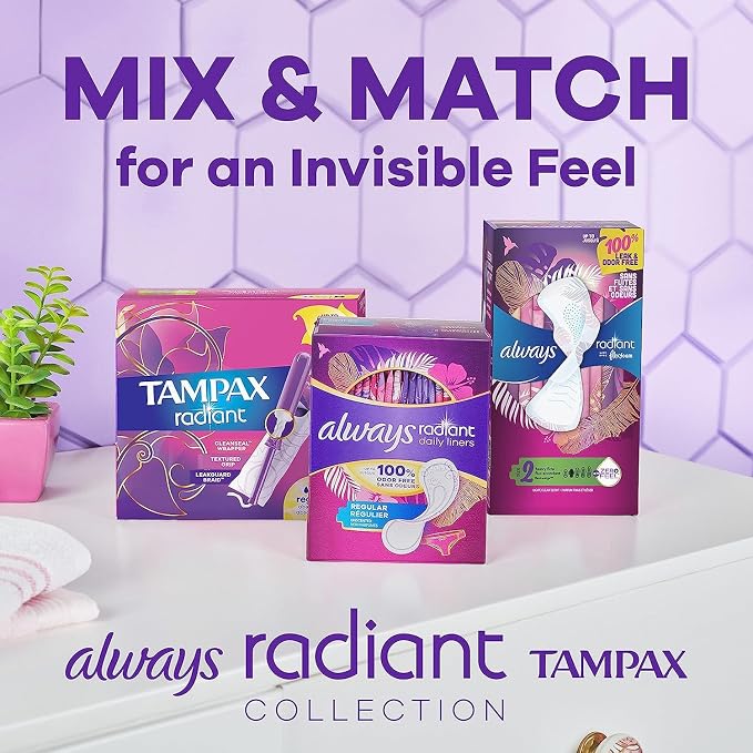 Tampax Radiant Tampons Multipack with Leakguard Braid, Regular/Super Absorbency, with Leakguard Braid, Unscented, 28 Count (Pack of 2)