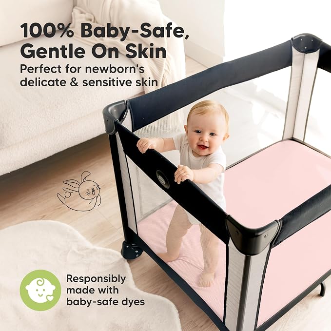 Pack and Play Sheets Fitted - 2-Pack Mini Crib Sheets for Pack N Play Mattress 38x26, Soft & Cozy, Neutral Toddler Playard Bedding, Snug Fitted Mini Baby Crib Mattress Cover Boy, Girl (Mist Rose)