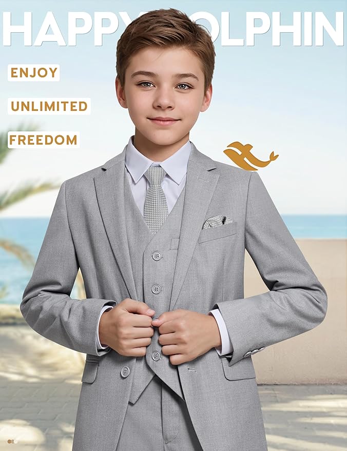 Happy Dolphin Boys Suit Set Modern Fit Kids Suits Adjustable Waist Boys Wedding Outfit for Boy Communion Suits for Boys