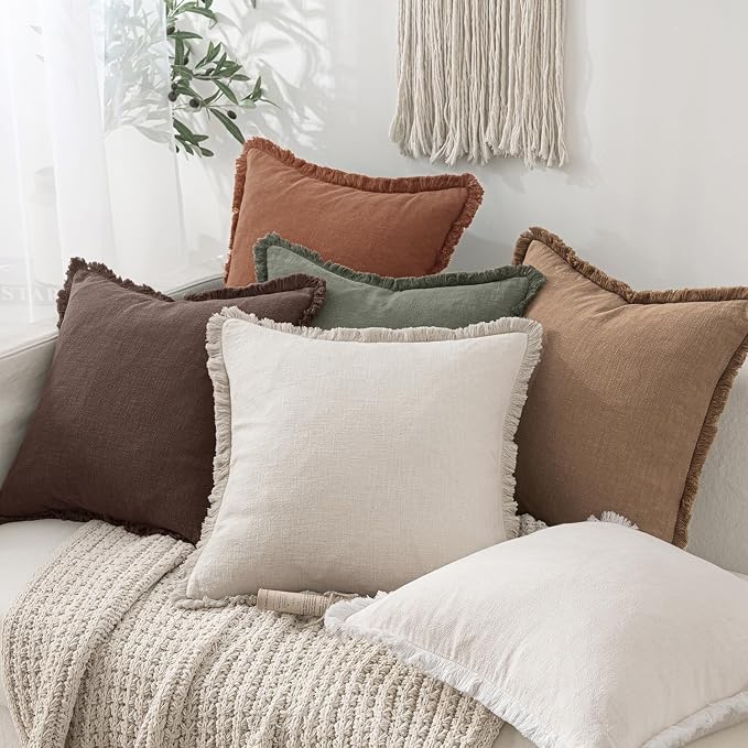 MIULEE Linen Decorative Fall Euro Throw Pillow Covers Dark Brown 26x26 | Set of 2, Cottagecore Decor, Boho Farmhouse Neutral Pillow Covers, Rustic Fall Fringe Couch Cushion for Sofa Bed Living Room