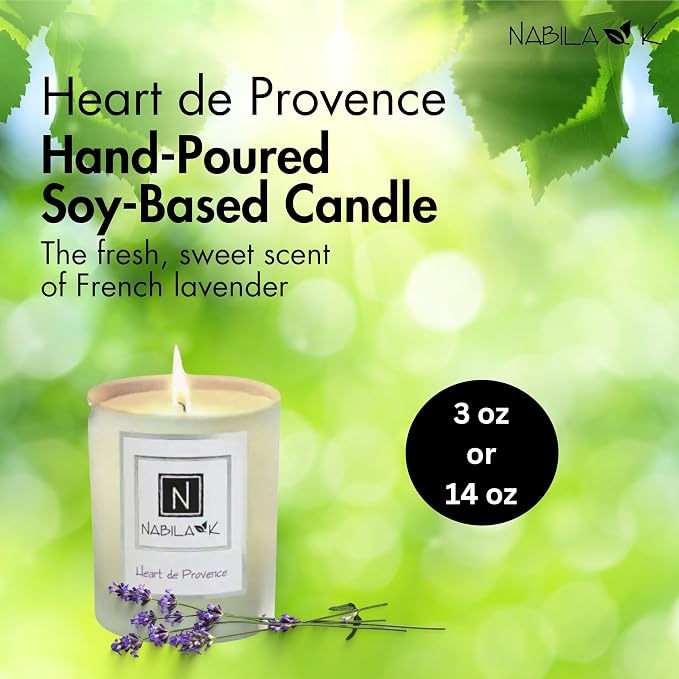 Nabila K – Heart de Provence - Soy-Based Candle – French Lavender - Hand-Poured - Cotton Wick - Aromatherapy Candle w/Essential Oils - Made in USA - 3 oz