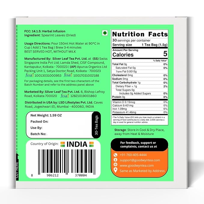 Goodwyn Spearmint Infusion Herbal Tea (30 Tea Bags) | 100% Pure Spearmint Leaves | Naturally Caffeine Free | Plastic Free Tea Bags | No Added Flavors | Refreshing & Aromatic | Perfect Hot or Iced | Premium Herbal Tisane for Daily Enjoyment