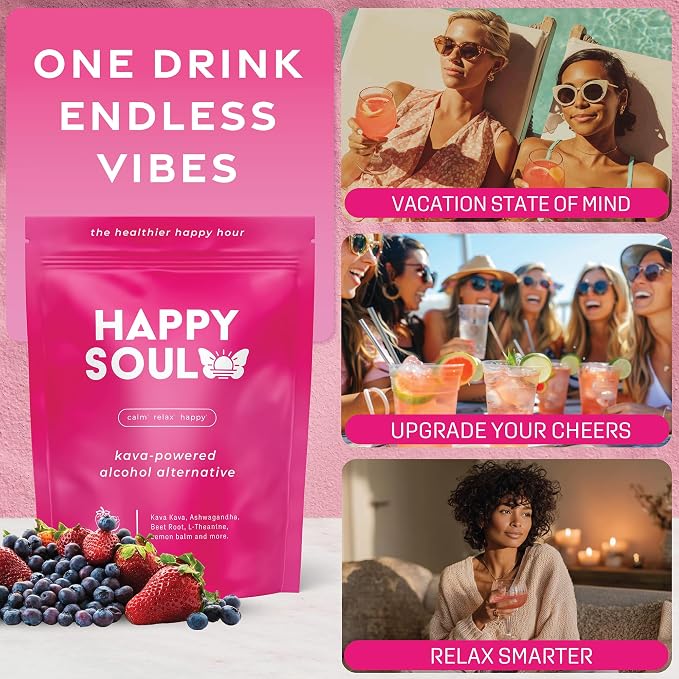 HappySoul Kava Drink Mix Powder-Alcohol Alternative for Evenings & Social Drinking - Kava Kava Mocktail for Relaxation - Adaptogen Drink with Magnesium, Ashwagandha, L-Theanine | Berry, 15 Stick Packs