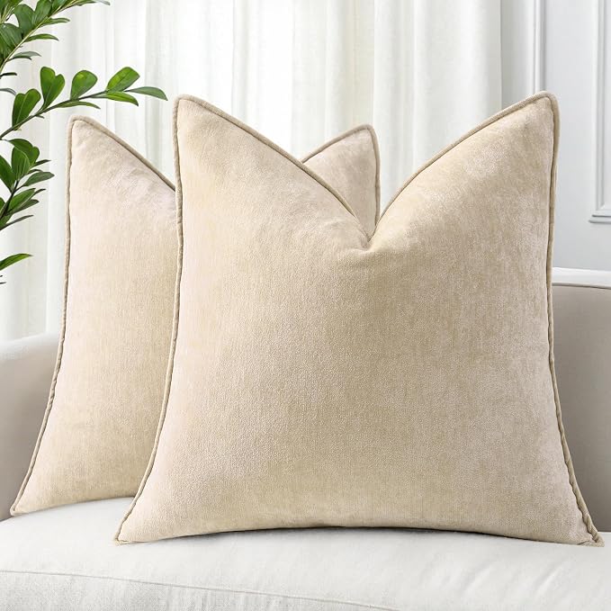 decorUhome Chenille Beige Velvet Throw Pillow Covers 16x16 Set of 2 | Fall Soft Couch Decorative Modern Farmhouse Pillow Cases with Elegant Design for Sofa Bed Living Room Home Decor