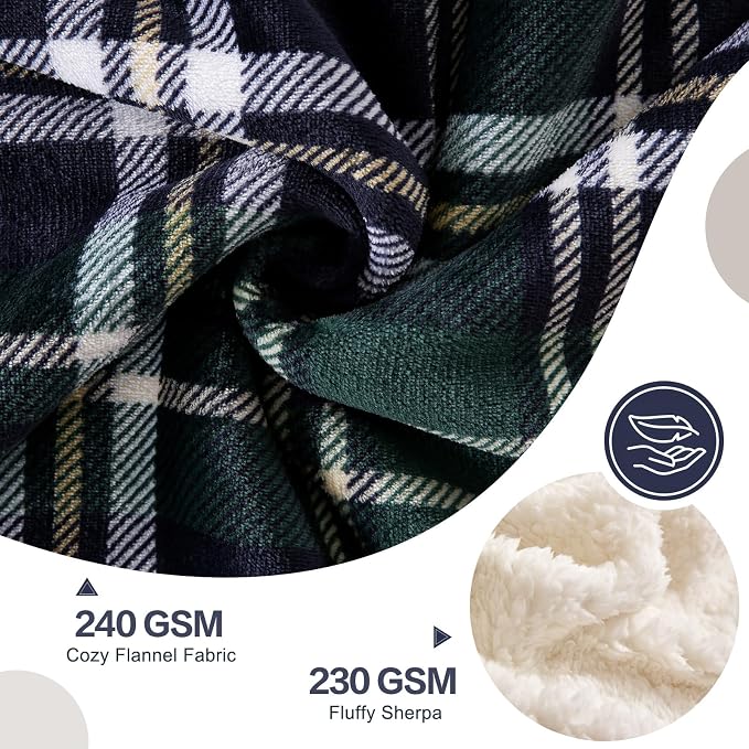 PU MEI Sherpa Fleece Throw Blanket 80" x 90" Reversible Plush Fluffy Large Big Blanket Lattice Flannel Blankets for All Season Use,Dark Green Check