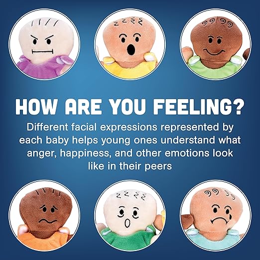 Constructive Playthings 6-Piece Expression Plush Baby Dolls Set for Social Emotional Learning, Plush Multicultural Sensory Cloth Babies Toy Set, Multicolor