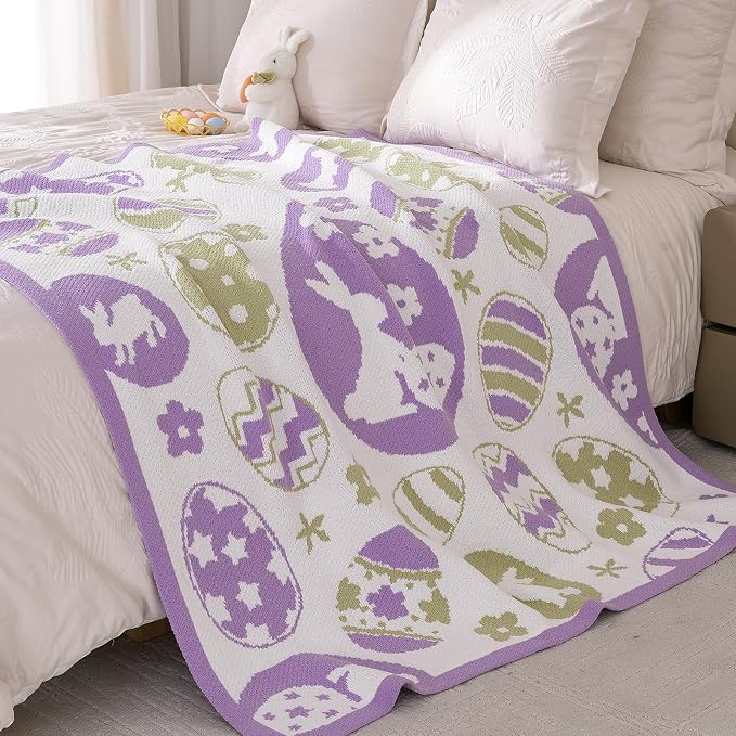 Animal Chenille Throw Blanket for Couch, Bunny and Eggs Knit Throws, Cozy Soft Summer Party Themed Blankets for Sofa, Bed, Gift & Decor, 50"x60", Purple/Green