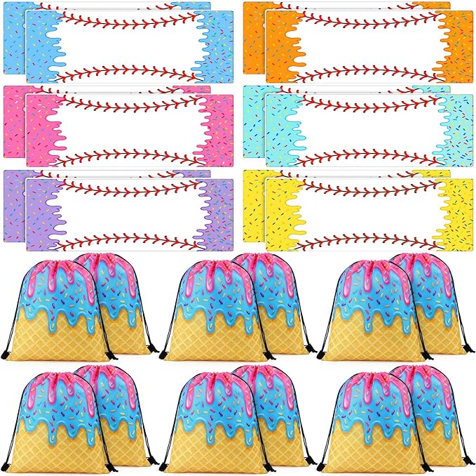 Peryiter 24 Pcs Ice Cream Drip Baseball Party Favors 12 Cooling Towels 12 Drip Drawstring Bags Bulk Sport Gifts for Teams Summer Camping Yoga Running Supplies, Chilly and Absorbent(Innovative)