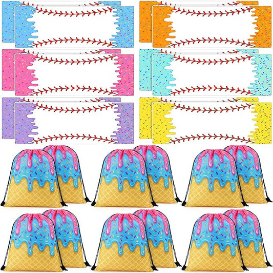 Peryiter 24 Pcs Ice Cream Drip Baseball Party Favors 12 Cooling Towels 12 Drip Drawstring Bags Bulk Sport Gifts for Teams Summer Camping Yoga Running Supplies, Chilly and Absorbent(Innovative)