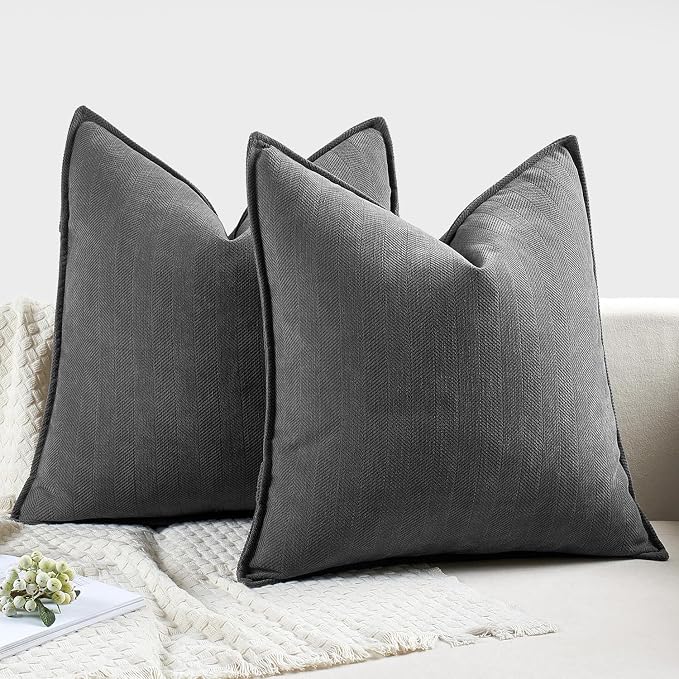 MIULEE Pack of 2 Dark Grey Euro Shams Chenille Pillow Covers 24x24 Inch | Decorative Soft Couch Throw Pillows,Farmhouse Cushion Covers,Elegant Design for Sofa,Bed,Living Room,Summer Decor